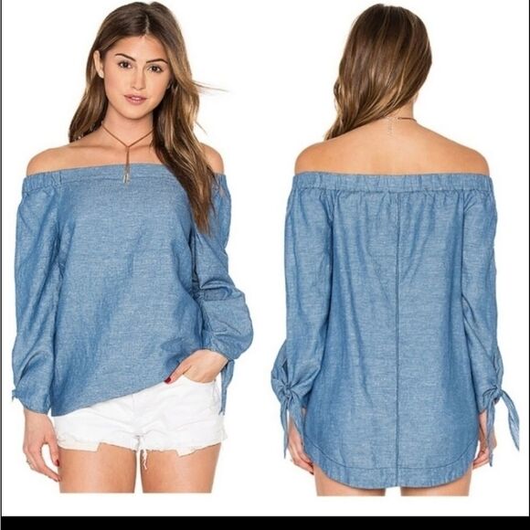 Free People Blue Linen Bow Sleeve Off the Shoulder Chambray Blouse Casual Top - Picture 3 of 8